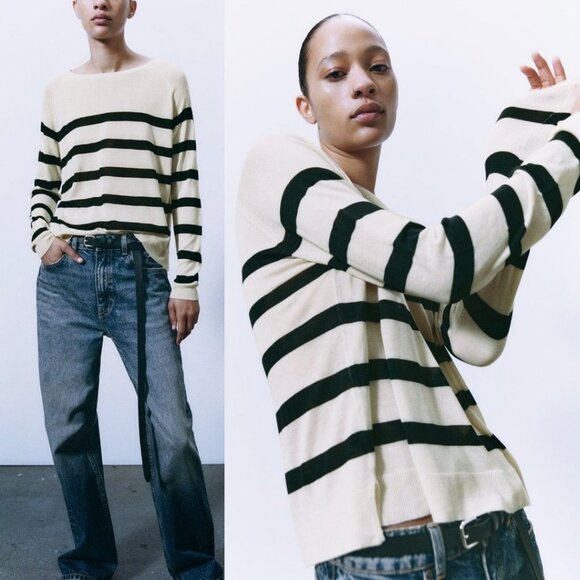 Zara Ivory Black Striped Basic Knit Pullover Sweater Crewneck Lightweight XL - Picture 3 of 15